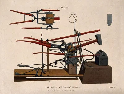 Machinery: a lever-operated forge hammer and anvil, in plan and three-quarter view
