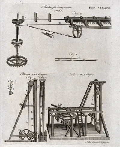 Machinery: a pipe-boring drill, and a pile-driving hammer