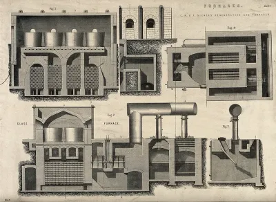Machines: a gas-fired glass-furnace, long and short sections, plan and details