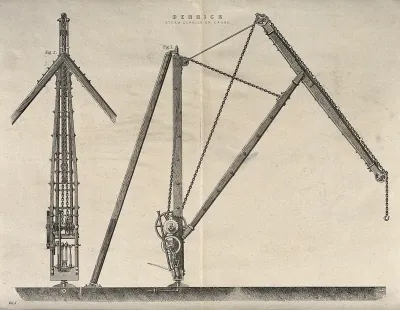 Machines: a steam-driven crane, side and rear elevation