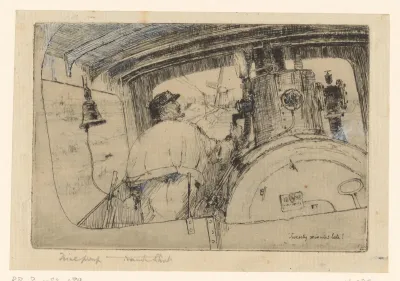 Machinist in een stoomtram nadert een windmolen