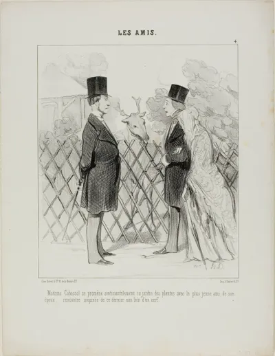 Madame Cabassol going for a romantic stroll in the botanical gardens together with the youngest friend of her husband's. Sudden encounter with the latter not far from a stag, plate 4 from Les Amis