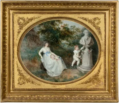 Madame de Staël accompagnée de ses deux enfants, Albert et Auguste, à proximité du buste de Jacques Necker dans le jardin du château de Coppet