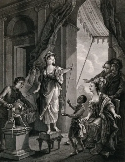 Madame du Barry (?) and two servants demonstrate an experiment on electricity to a lady seated in a chair attended by two men