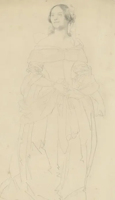 Madame Foy, staande in avondtoilet