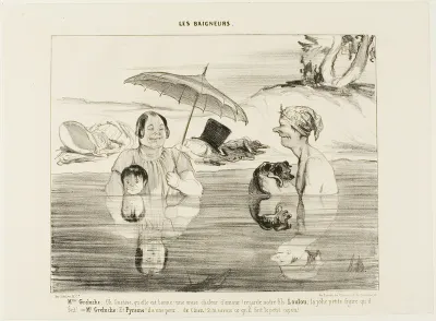 Madame Greluche: “Oh, Gustave, how good! A real soothing warmth! Look at our son Loulou; the cute face he makes!” Mr. Greluche: "And Pyramus, he is afraid, afraid like a dog. If you only knew what he is doing right now, the little rascal,” plate 4 fr