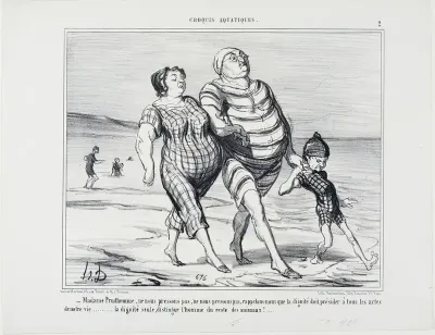 “- Madame Prudhomme, let's not hurry, let's recall that dignity should preside over all acts of life... dignity alone distinguishes man from the rest of the animals,” plate 2 from Croquis Aquatiques