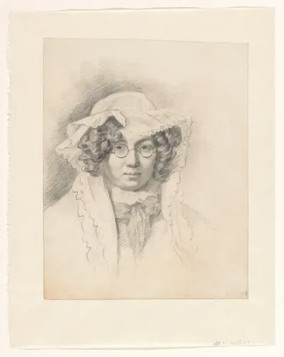Madame Robin, met een bril op en een kanten muts