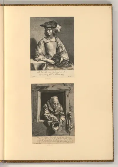 Mädchen mit Federhut; Alte Frau mit Topf, am Fenster stehend