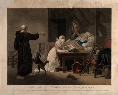 Mademoiselle de La Vallière reading from the Bible to a sick paralysed woman, another prays while a dog welcomes the encouraging Saint Anselm