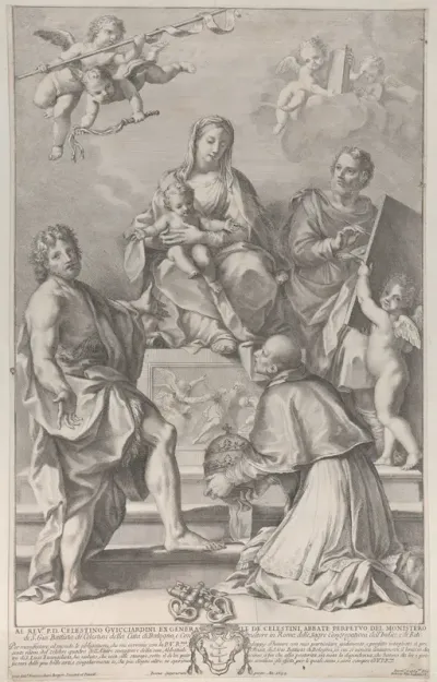 Madonna and Child at center with Saint John the Baptist, Saint Luke, Pope Peter Celestini, and angels
