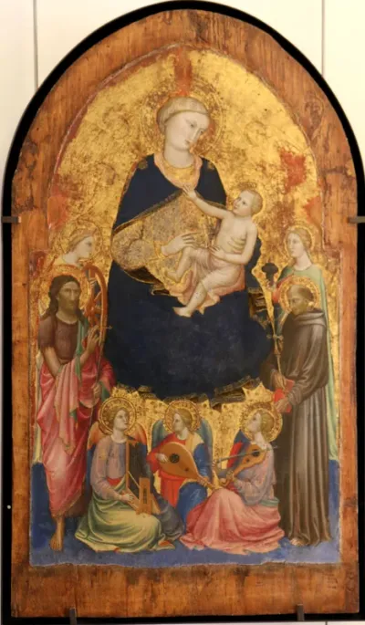 Madonna and Child with four Saints and three music making angels