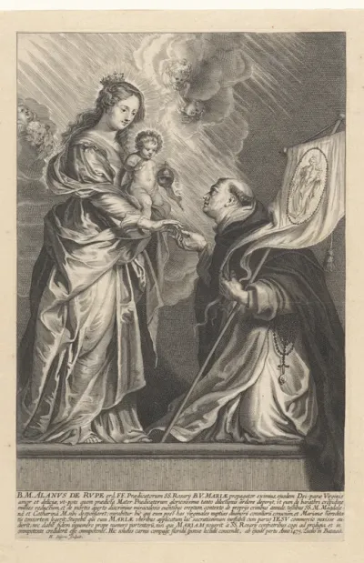 Madonna en kind aanbeden door Alanus de Rupe