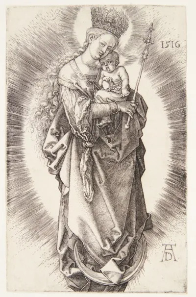Madonna, med scepter og stjernekrone, stående på seglmåne