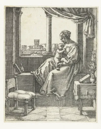 Madonna met kind aan borst zittend bij een raam