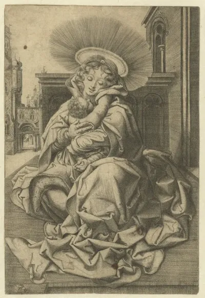 Madonna met kind in een hof