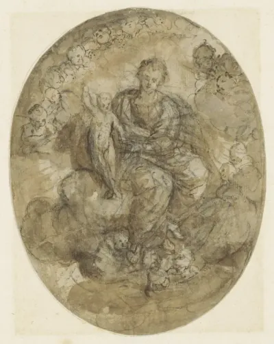 Madonna met kind tussen engelen op de wolken