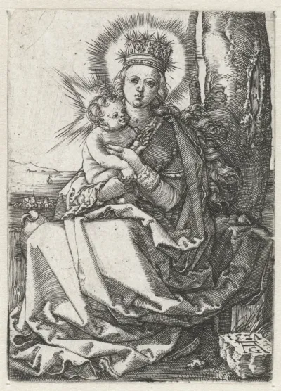 Madonna met kind zittend aan de voet van een boom