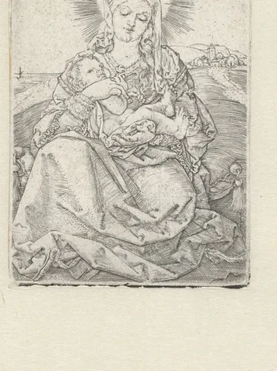 Madonna met kind zittend in een landschap