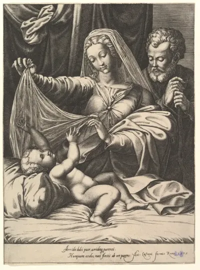 Madonna of Loreto, the Virgin lifts a veil above the Child, who lies on a bed and pillow, Joseph stands behind with both hands on his staff