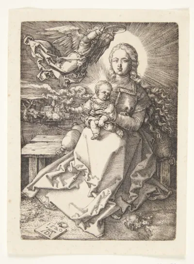 Madonna, siddende, krones af en engel