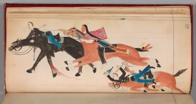 Maffet Ledger: Indian and soldier on horseback, soldier, horse wounded