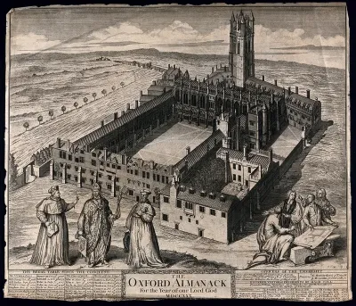 Magdalen College, Oxford: bird's eye view with academic figures and almanac