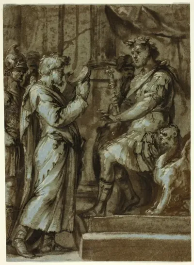Magician Making a Prediction to an Emperor (recto); Male Nude Carrying a Load (verso)