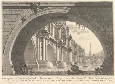 Magnificent bridge with loggias, and arches erected by a Roman Emperor... (Ponte magnfiico con Logge, ed Archi erretto da un Imperatore Romane...), from "Prima Parte di Architettura, e Prospettive"