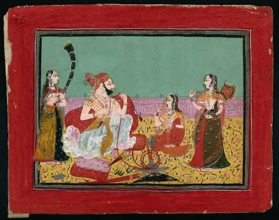 Maharaja Deepseev (?) sitting and smoking a hookah pipe, as two female attendants fan him and a third looks on