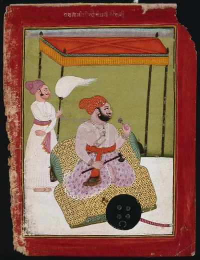 Maharaja Rai Singh holding a flower, with an attendant holding a fly whisk behind him