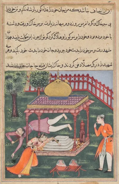 Mahrusa kills herself at the tomb of the king of Zabul, and her husband does likewise, from a Tuti-nama (Tales of a Parrot): Thirty-sixth Night