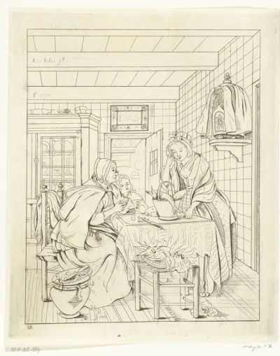 Maid giving Groceries to an Old Woman in a Kitchen