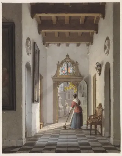 Maid Sweeping the Hallway of a House