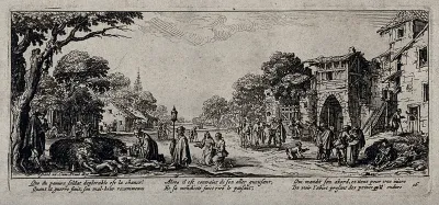 Maimed, diseased and dying former soldiers lie by the roadside with a priest attending to them