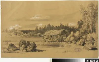 Maisema. Keskellä lahti ja ranta-aitta, oikealla lehto, vasemmalla suurehko kivi ja pienehkö pensas.