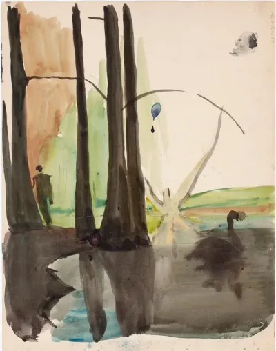 Maisema, mies, musta joutsen, luonnos maalaukseen Fantasia 1895
