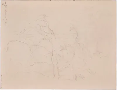 Maisema, puita, kallioita. Todennäköisesti n. 1910-12
