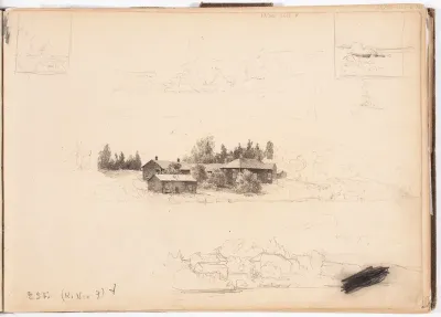 Maisemaharjoitelmia.  Maalaitalo. Todennäk. 1880-luvun jälkipuol.