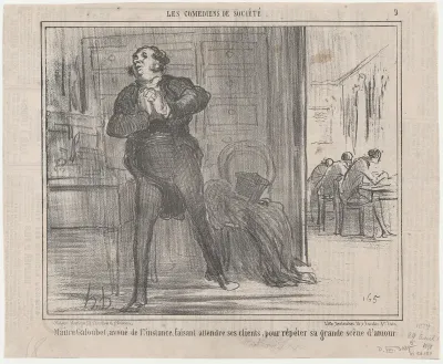 Maître Galoubet, avoué de 1re. instance, faisant attendre ses clients, pour répéter sa grande scène d'amour..., from Les Comédiens de Société, published in Le Charivari, April 29, 1858