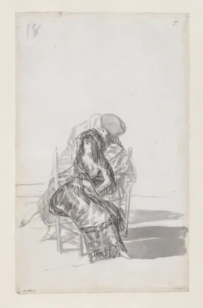 Maja seated on a chair and two companions behind; folio 18 (verso) from the Madrid Album "B"