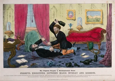 Major Murray, having been shot by Mr Roberts in the latter's rooms in London, retaliates by attacking Roberts with a beer bottle