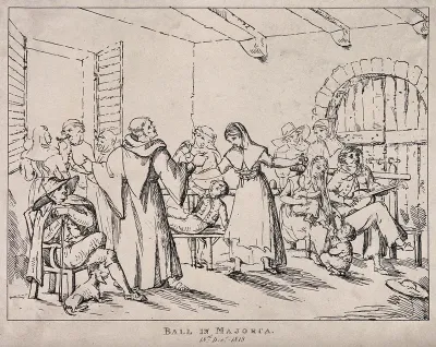 Majorca: a monk dances with a young woman as others watch, accompanied by a guitarist