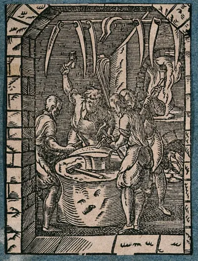Makers of scythes and sickels hammering a metal blade on an anvil