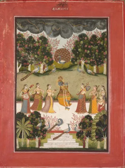 Malar Ragini: Krishna Playing the Flute to Seven Gopis Holding Musical Instruments, from the Ragamala Series