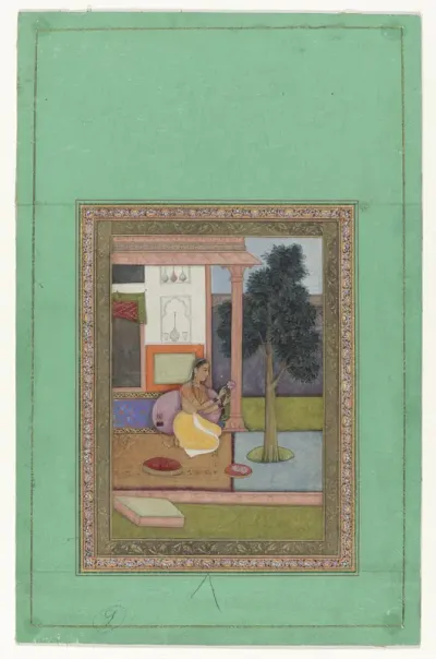 Malavashri ragini, knielende vrouw met Lotusbloem voor een huis