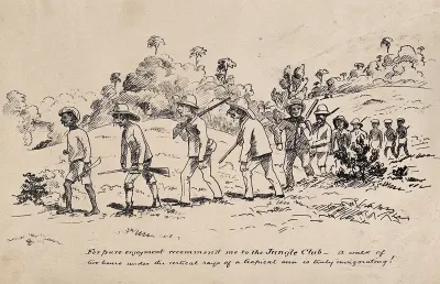 Malaya: a line of white men out hunting accompanied by native Malays