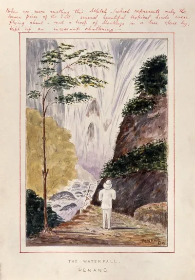 Malaya: a man at the foot of a huge waterfall on Penang Island