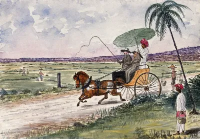 Malaya: a pony and trap being driven down a country road