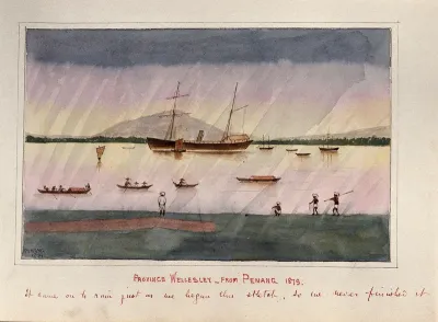 Malaya: a ship and many small boats off the coast of Penang Island